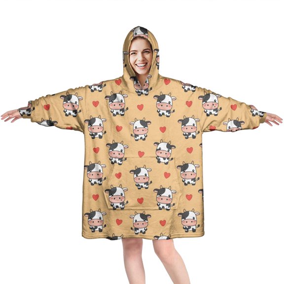 Wearable Oversized Blanket,Orange Cow Heart Pattern Wearable Blanket Hoodie for Adults,Cozy Hooded Blankets with Super Pockets,Super Warm Fuzzy Pullover for Women & Men