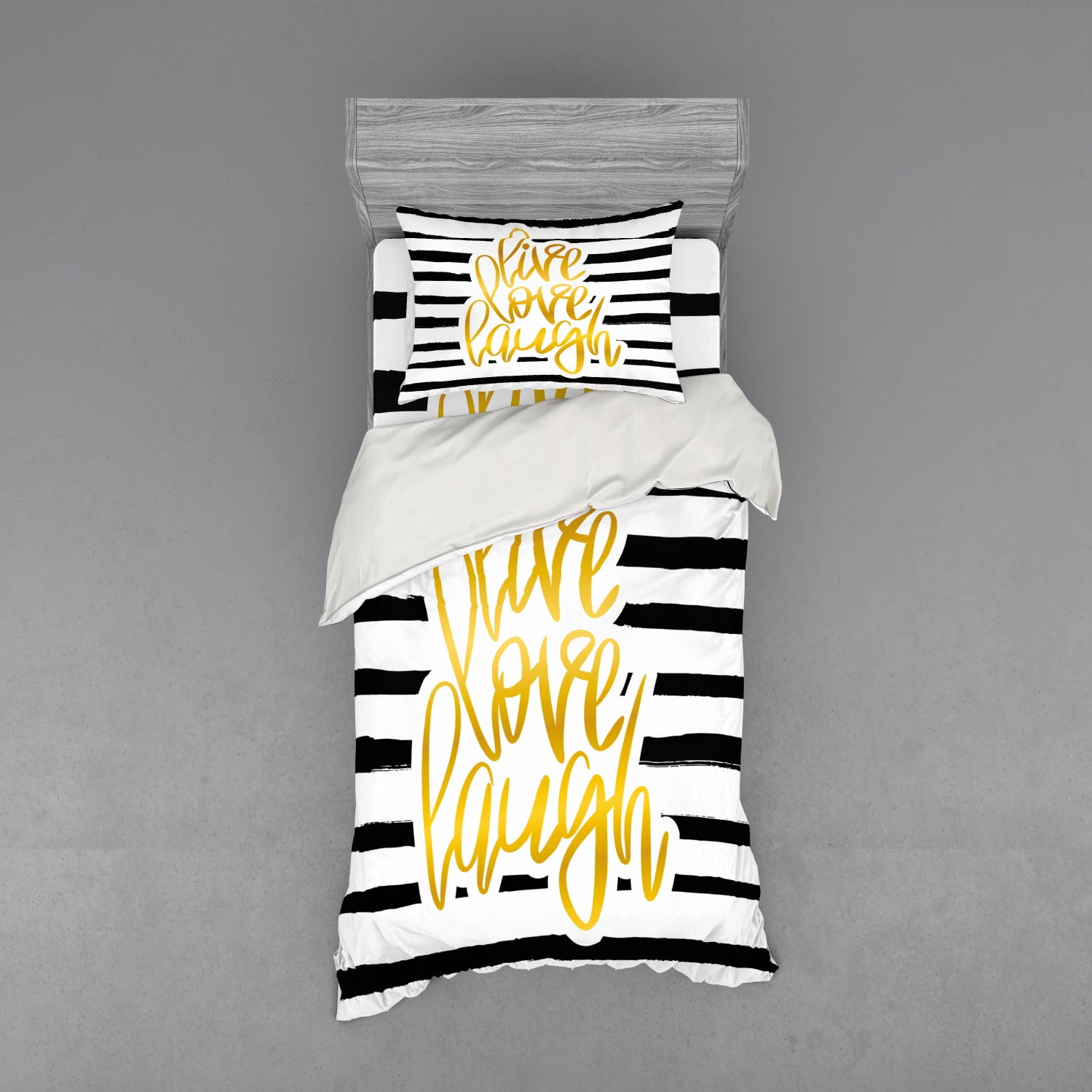 Live Laugh Love Duvet Cover Set, Romantic Design Hand Drawn Stripes and