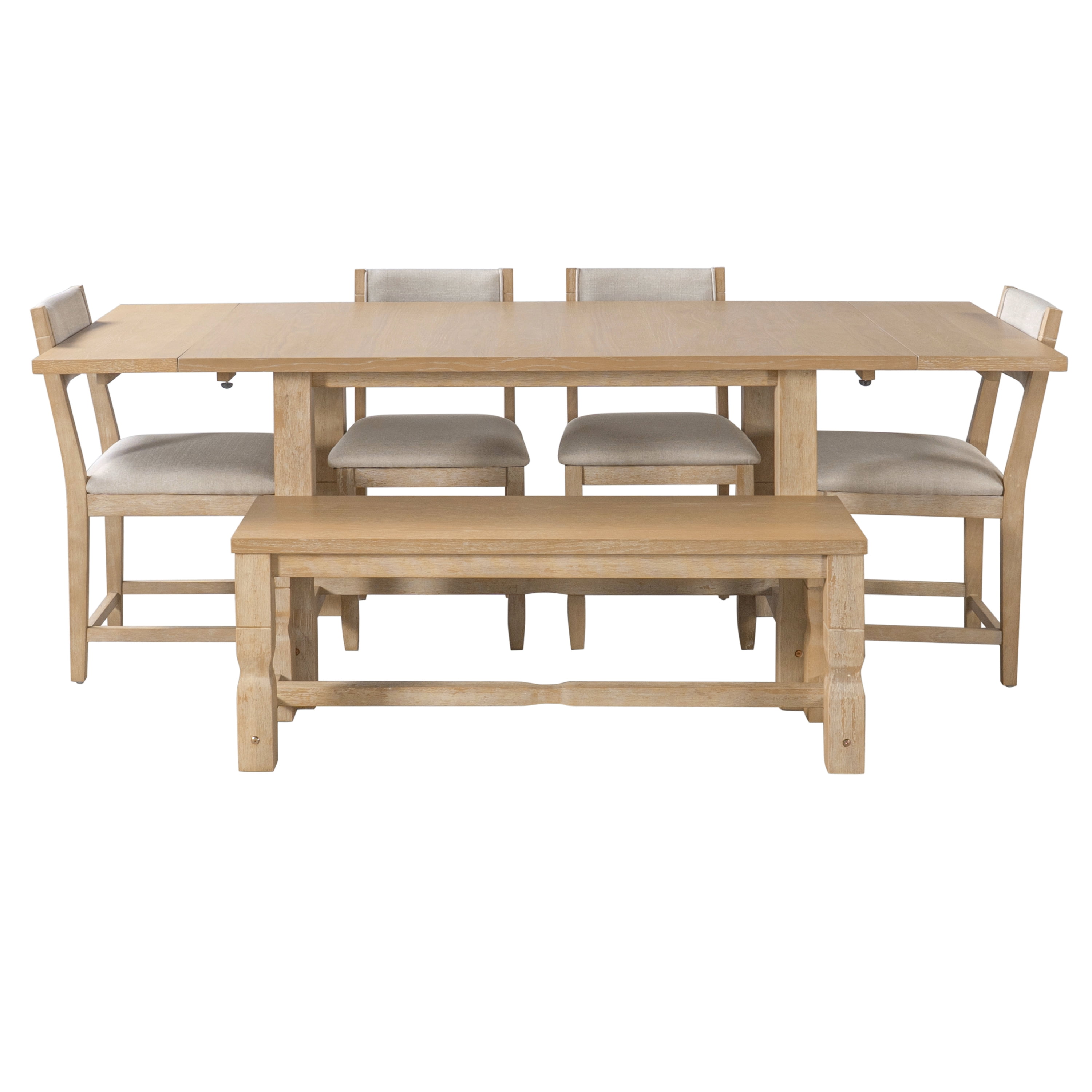 Mintazer 6 Piece Extendable Dining Table Set with 4 Upholstered Dining Chairs & Bench, 84 Inch Rectangular Farmhouse Dinner Table with 2 Removable Leaves for Kitchen Dining Room Apartment, Natural