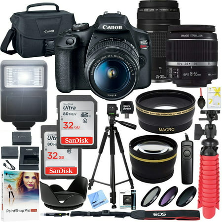 Canon T7 EOS Rebel DSLR Camera with EF-S 18-55mm f/3.5-5.6 IS II and EF 75-300mm f/4-5.6 III Lens and Two (2) 32GB SDHC Memory Cards Plus Double Battery Accessory