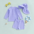 thumbnail image 5 of Rggeeun Child Boys Swimsuit Set 3Pc Cute Striped Pattern Long Sleeve Crew Neck Front Zipper Top & Elastic Waist Swim Trunks with Hat for Summer Pool Training Classic Swim Wear,Purple,6-12 Months, 5 of 8