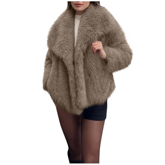 HTNBO Womens Faux Fur Coat Lapel Open Front Fluffy Shaggy Jacket Winter Warm Furry Overcoat