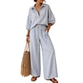 thumbnail image 2 of Womens Striped Set 2 Piece Outfits 3/4 Puff Sleeve V Neck Top and Drawstring High Waist Palazzo Pants, XL, 2 of 6