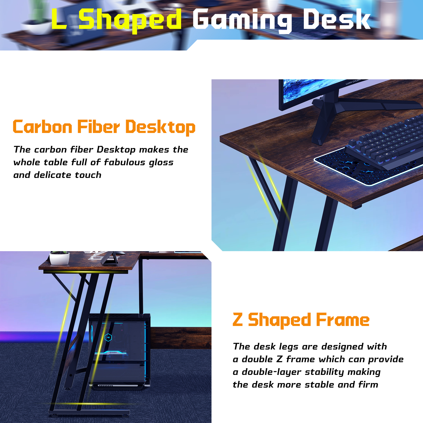 Dkelincs L Shaped Gaming Desk, 50.4" Corner Computer Desk PC Game Table with Monitor Stand Large Desktop for Home Office Study Writing Workstation, Brown