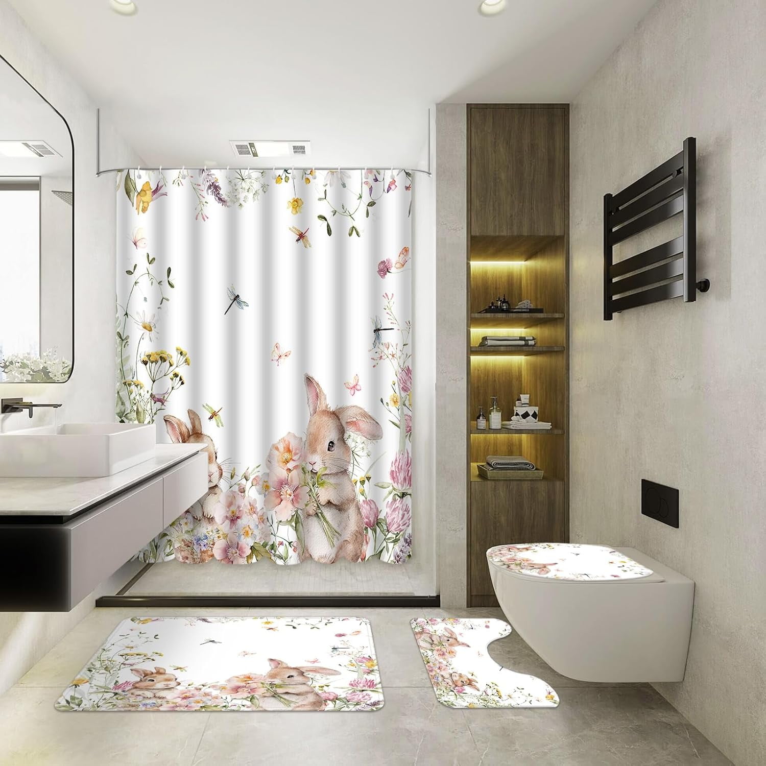 4pcs Easter Shower Curtain Sets with Non-Slip Rugs Toilet Lid Cover and Bath Mat Bunny Easter Bathroom Curtain Decor Set with 12 Hooks Waterproof Shower Curtain Set for Bathroom