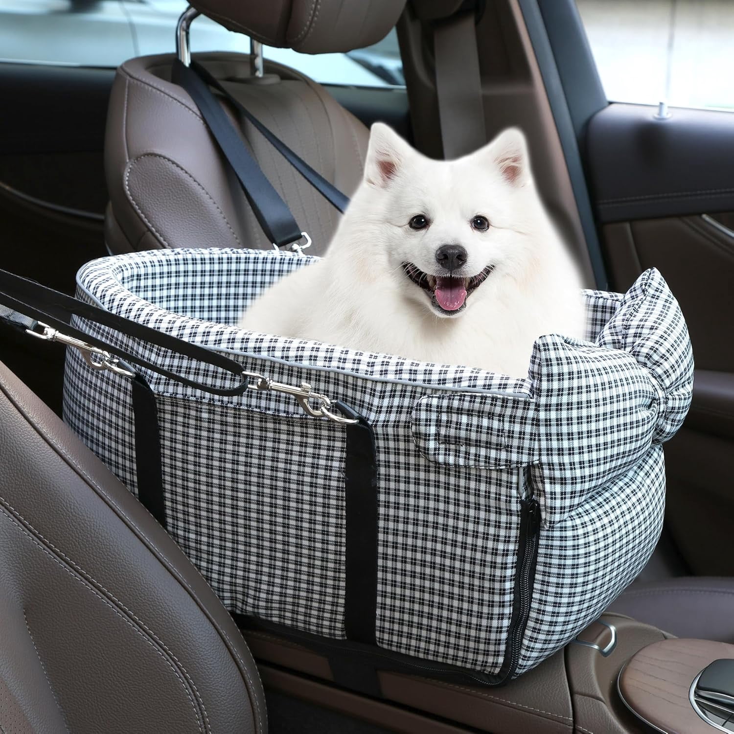 Sparklane - Center Console Dog Car Seat Dog Bed for Car Console Portable Armrest Booster Seat Carrier for Small Medium Dogs Anti-Collapse for Puppy Pet Up to 15 Lbs（Grid Black）