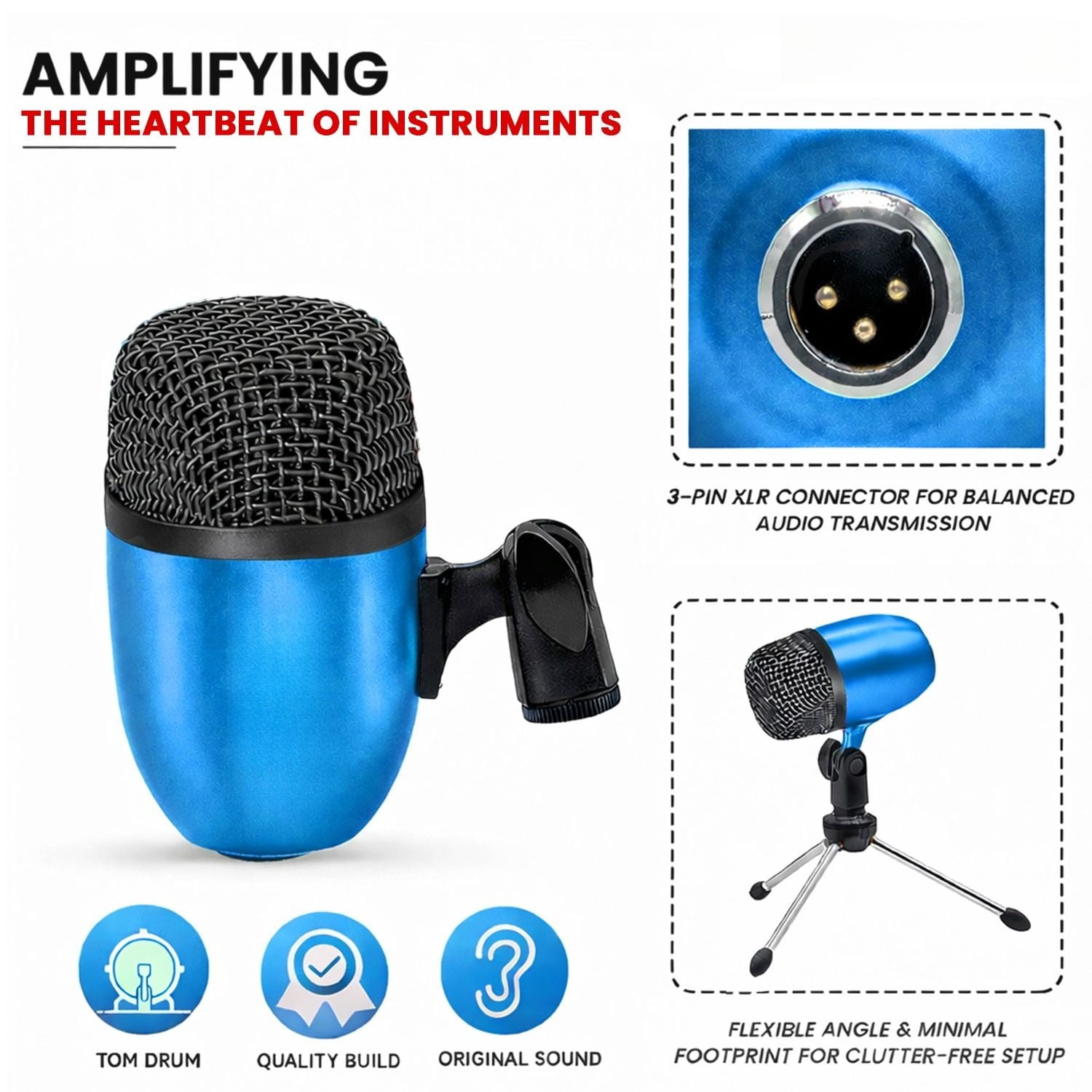 Bass Microphone, Portable Microphone, Clip-on Microphone, with Desktop Stand and XLR Interface, Suitable for Recording Studios and Concerts