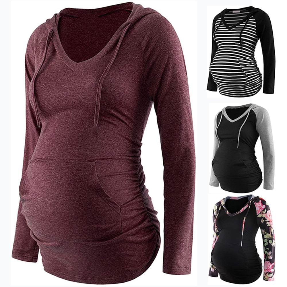 Womens Maternity Hoodie Top Sweatshirt Long Sleeve V Neck Pregnancy Tunic Top 