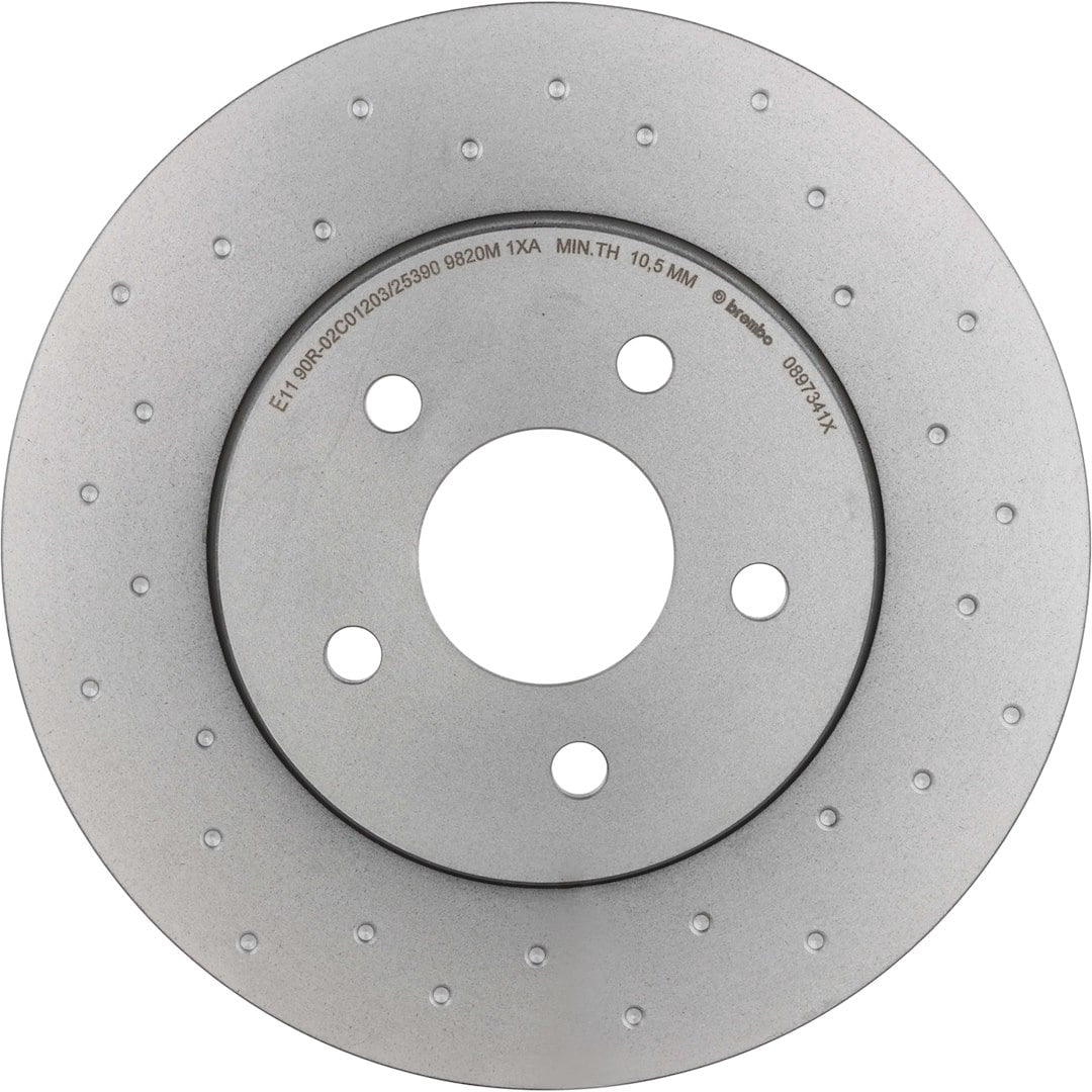 Brembo KTX0095; Brake Kit; Ceramic Brake Pads; 280 Millimeter UV Coated Xtra Solid Cross-Drilled Cast Iron One Piece Rotor; With Rotors/ Pads/ Anti-Rattle Spring/ Mounting Hardware