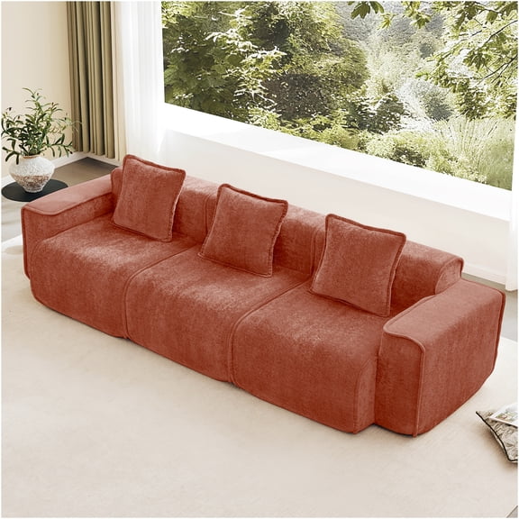 JERFIT Modern 3-Seater Velvet Sofa No Assembly Required, Deep Seat Modular Couch with Pillows for Living Room, Red