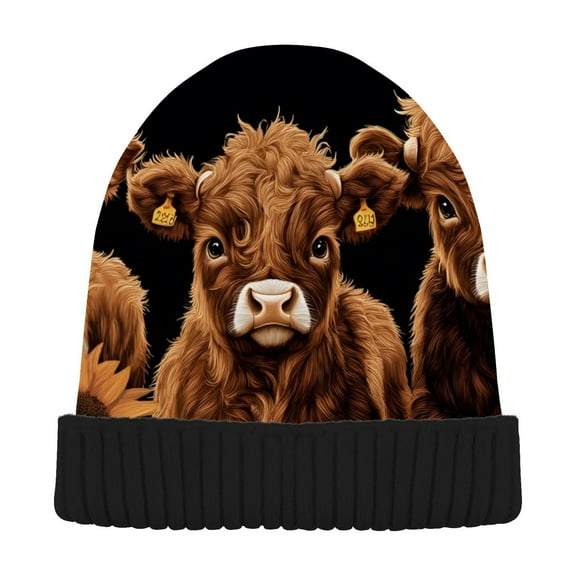 joogoo Highland Cow Sunflower Beanie Hats Cuffed Winter Warm Knit Thick Beanies