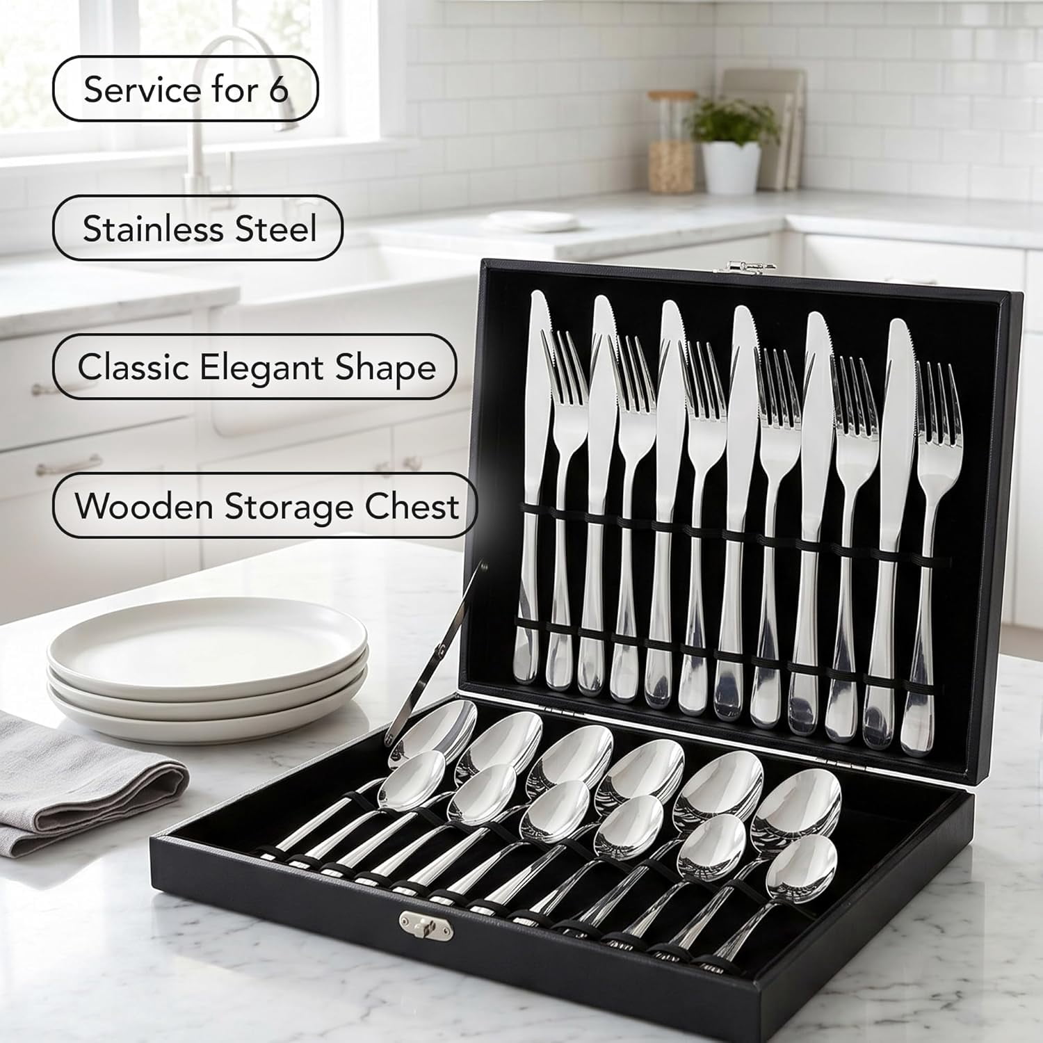 OVENTE 24-Piece Silverware Set Service for 6, Silver FL20241CH | Durable Stainless Steel Flatware Cutlery Utensil with Steak Knives, Forks, Spoons & Teaspoons, Dishwasher Safe
