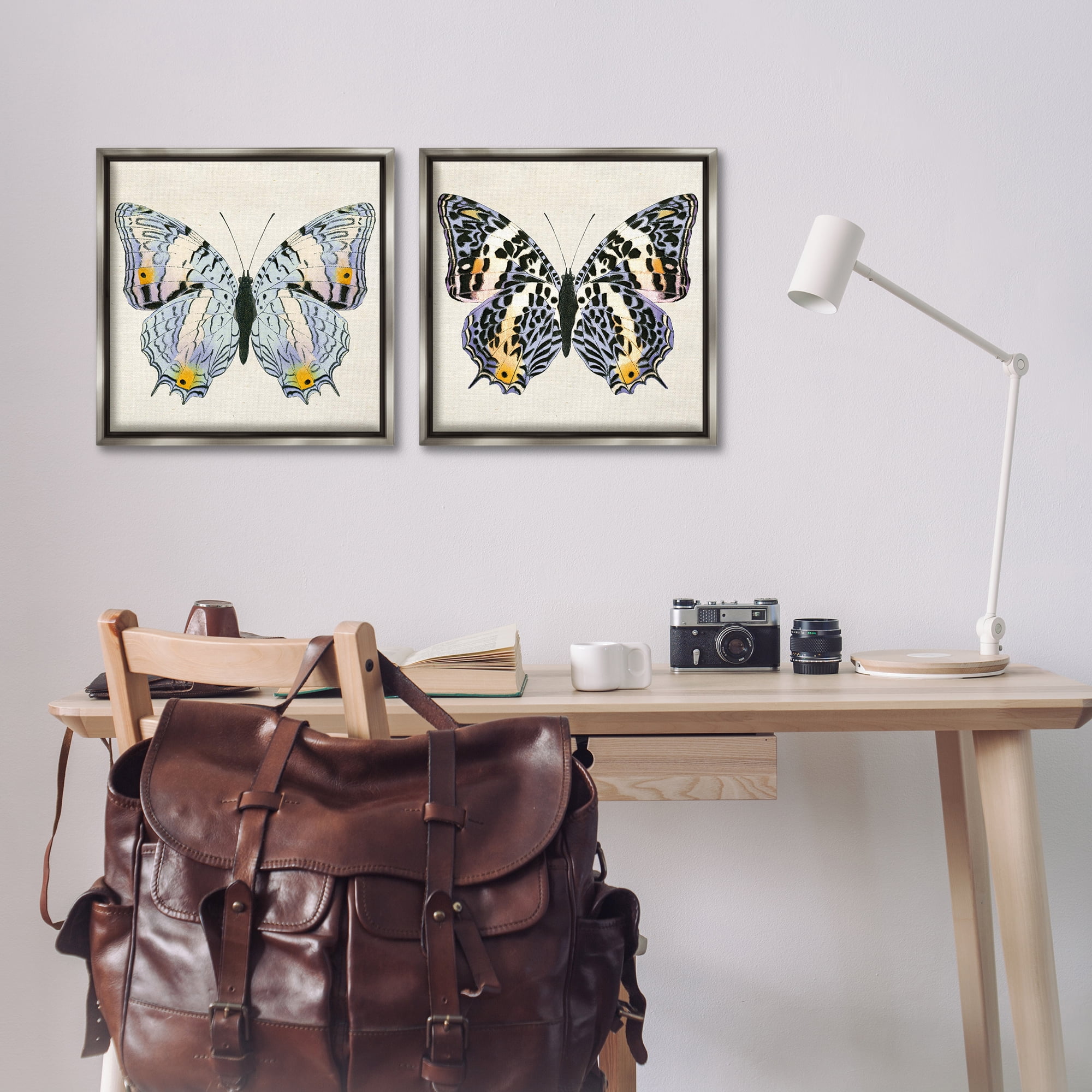 Stupell Industries Butterflies with Yellow Details Insects Painting Gray Floater Framed Canvas Art Print Wall Art, 18 x 18, Set of 2