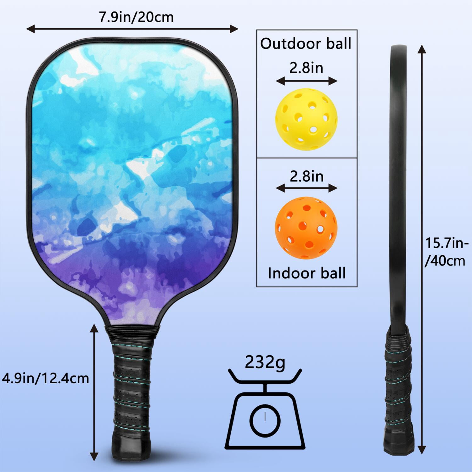 Pickleball Paddles Set Of 2, Fiberglass Surface, Colorful Geometry Print, 4 Balls & Bag