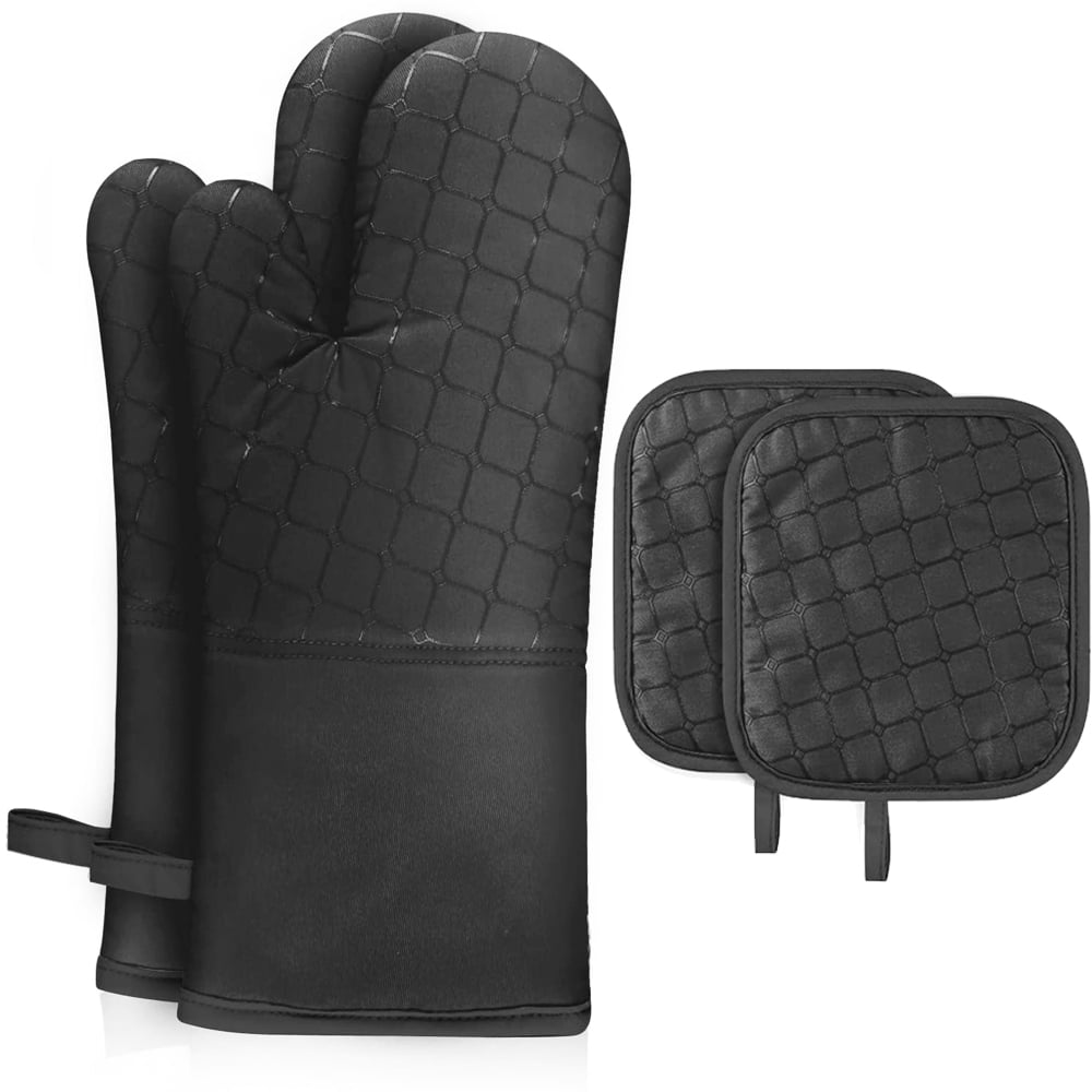 Oven Mitts and Pot Holders, 500℉ Heat Resistant Oven Mitts with Kitchen Towels Soft Cotton Lining and Non-Slip Surface Safe for Baking, Cooking, BBQ-Black