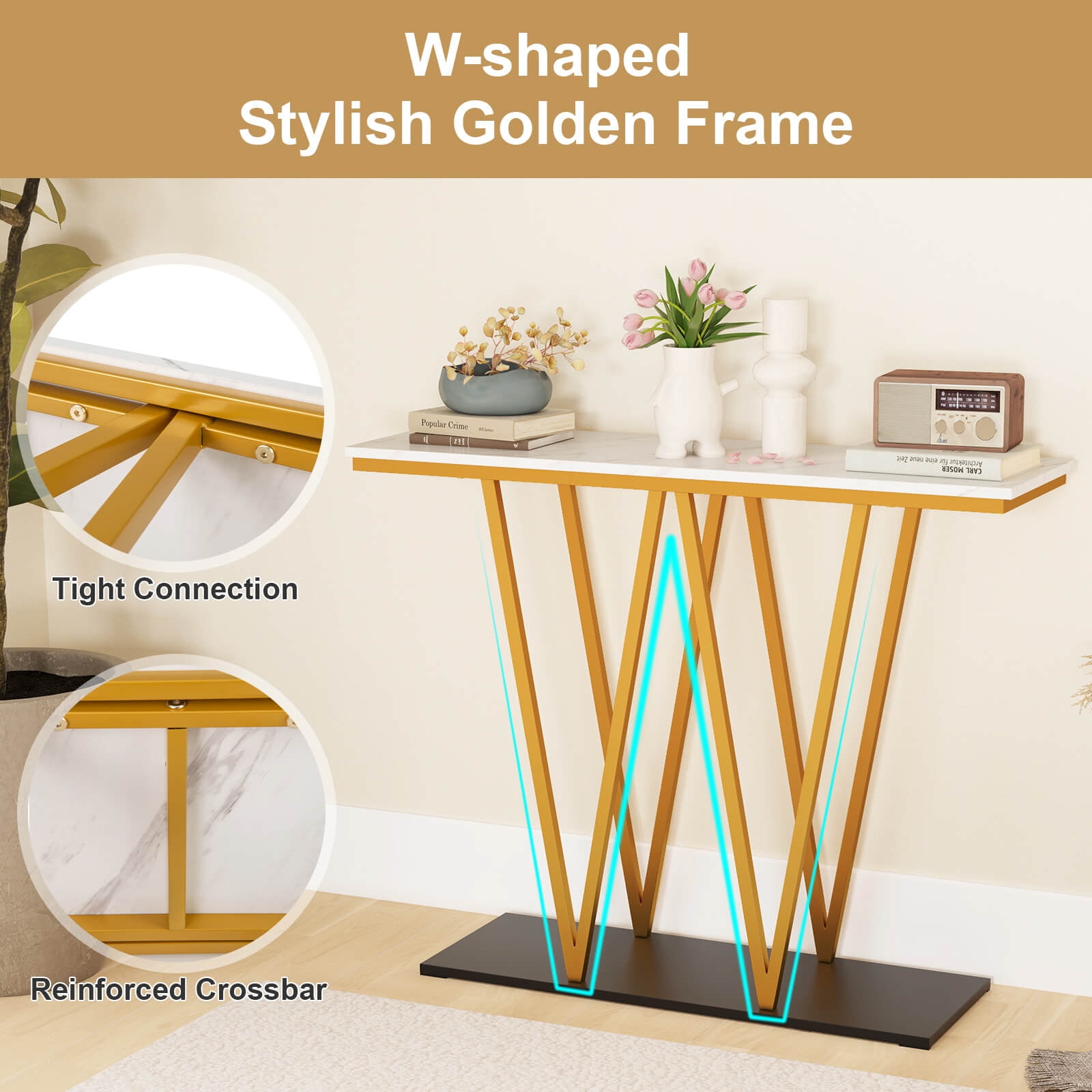 Costway 40” Gold Entryway Table with Faux Marble Table & Metal Frame, Storage Base, White