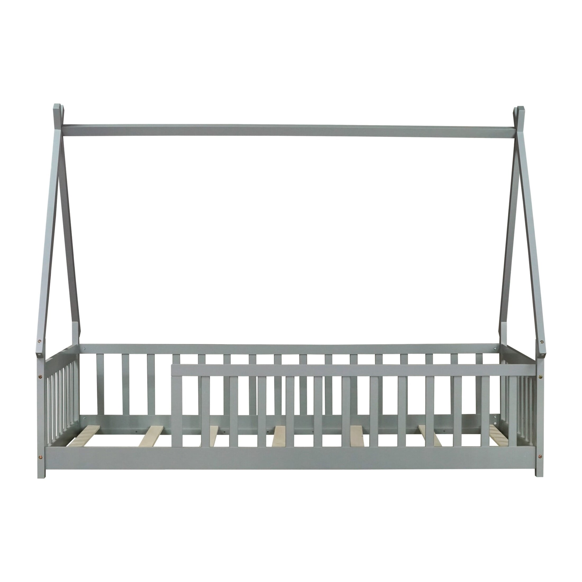Noble House Misty Twin Teepee Floor Bed with Safety Fence, Solid Rubber Wood Tent Bed, Kid's Room, Gray