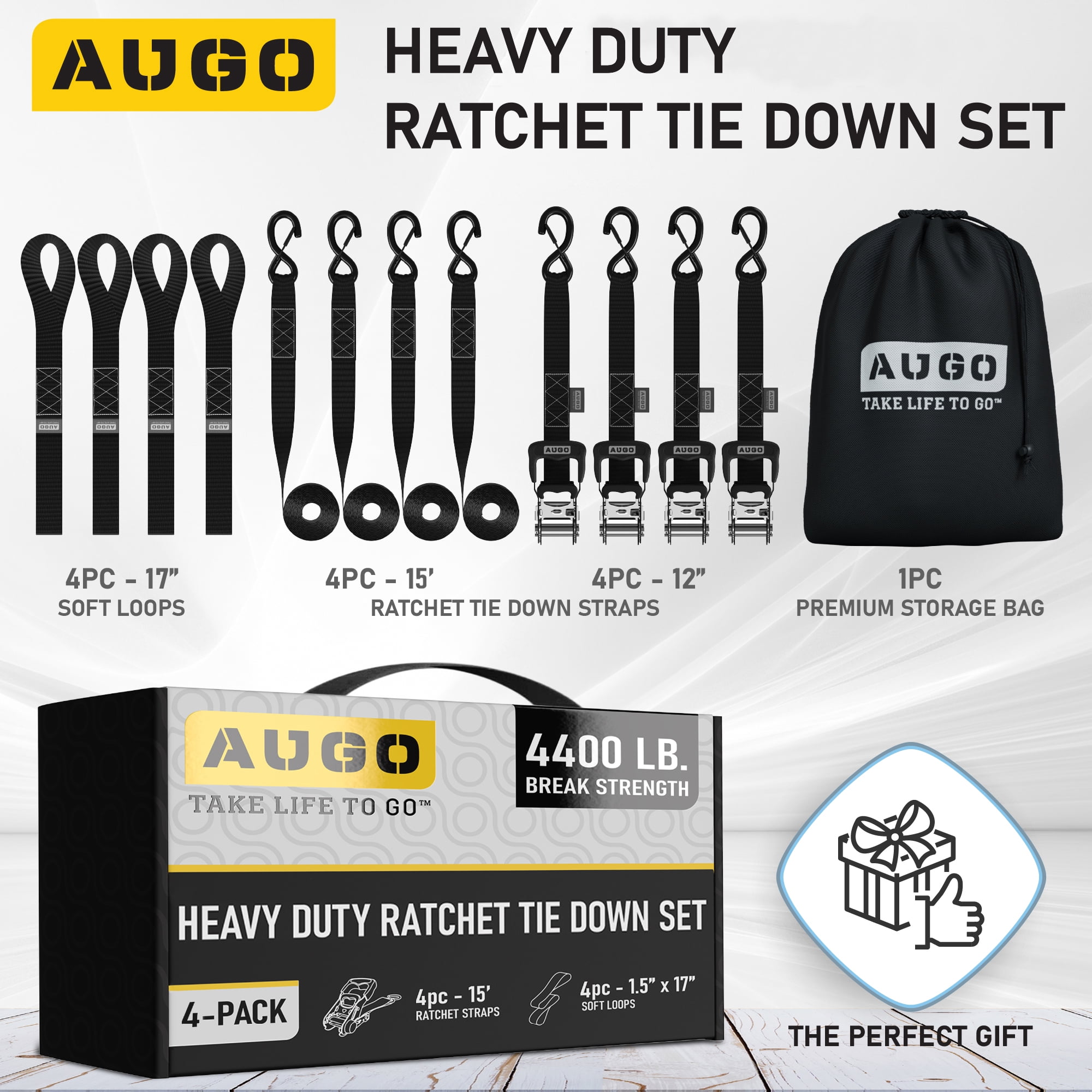 AUGO Heavy Duty Ratchet Straps & Soft Loops – Pack of 4 Extra Strong 1.5” by 15’ Ratchet Straps w/ S-Hook Safety Latches & 4 Soft Loop Tie Downs – 4400Lb Break Strength for Motorcycles, ATVs, Etc.