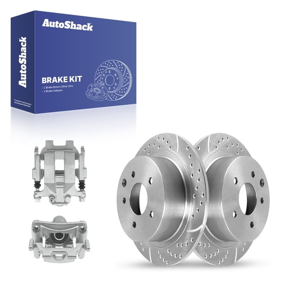 AutoShack Rear Brake Rotors & Calipers for Nissan, Maxima 2009-2014, 2016-2018, FWD V6 3.5L - Silver Zinc Coated Drilled & Slotted - SilverShield Pro - 12.13" (308 mm), 5-Lug