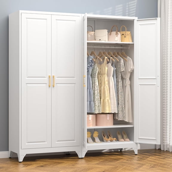 71" Metal Armoire Wardrobe Closet with Doors and Adjustable Shelves | Tall Freestanding Wardrobe Cabinet for Clothes, Heavy Duty, Hanging Rod, Bedroom, Office, School, Employee, Garage, White