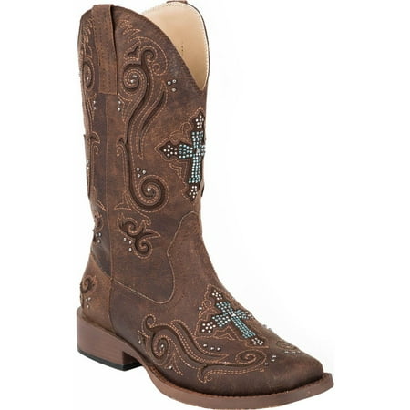 

Roper Womens Faith Rhinestone Square Toe Boots Mid Calf Low Heel 1-2