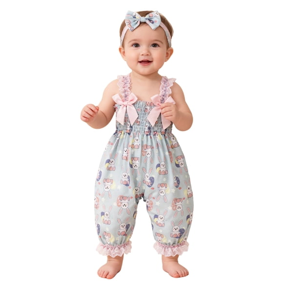 MEZZALL Kids Easter Bunny Print Romper With Lace Straps And Girls Party Outfit For Baby Toddler Holiday Children Fashion Clothes Sets