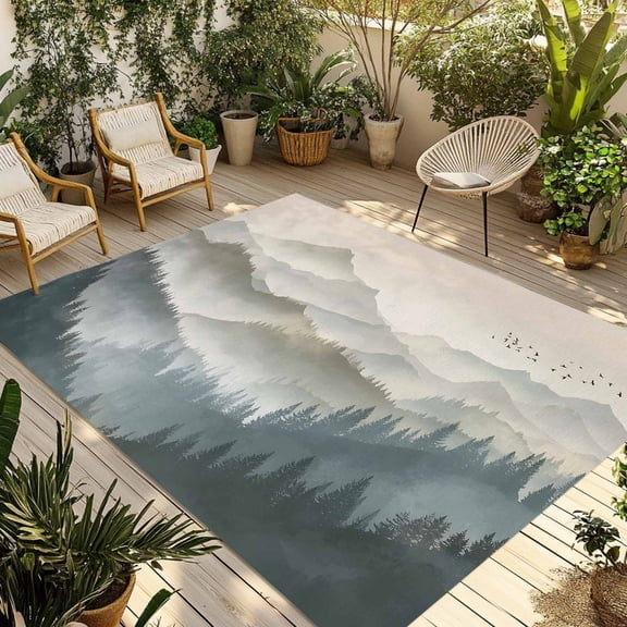 Mountains Outdoor Rug for Patio/Deck/Porch, Non-Slip Large Area Rug 4 x 6 Ft, Farmhouse Forest Nature Trees Landscape Indoor Outdoor Rugs Washable Area Rugs, Reversible Camping Rug Carpet Runner