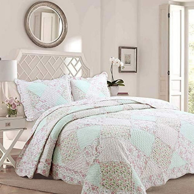 Cozy Line Home Fashions La Rosa Rêve Ensemble de Literie Courtepointe, Floral Rose Vert Rose Fleur Patchwork 3D Véritable, 100 % Coton Réversible