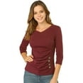 thumbnail image 1 of INSPIRE CHIC Women's Button Decor V Neck 3/4 Sleeve Solid Blouse Knitted Ruched Top, 1 of 6