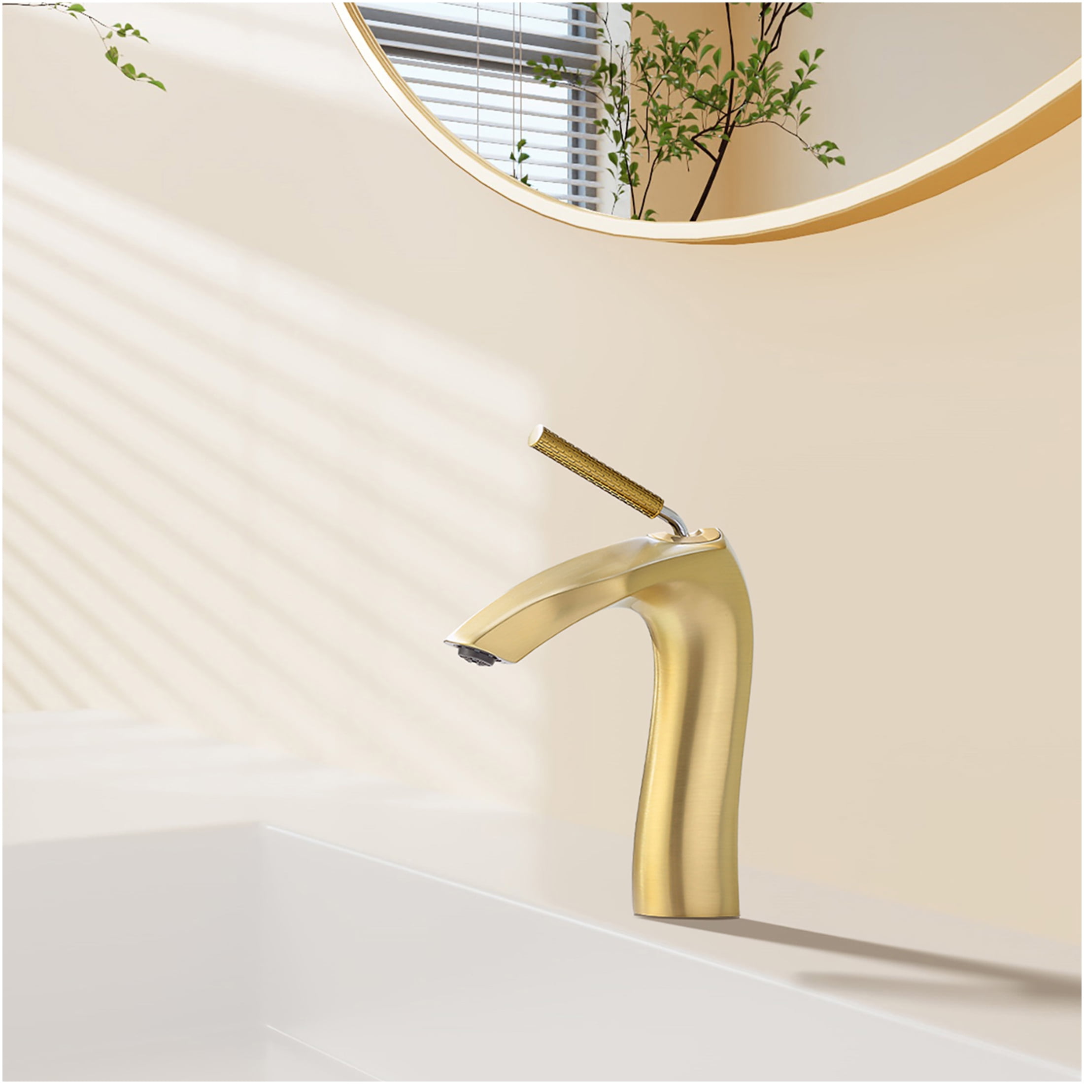 JERFIT Single Handle Bathroom Sink Faucet in Brushed Gold, 1.75 GPM Water-Saving, Deck Mount Single Hole Brass Vessel Lavatory Faucet with Aerated Flow