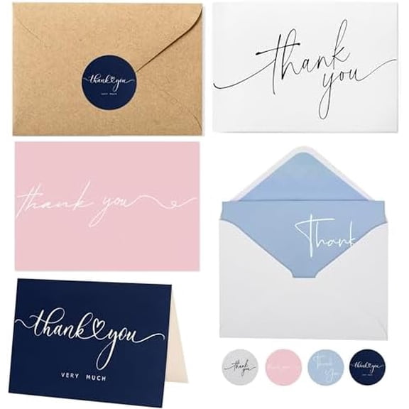100 Multicolored Thank You Cards with Kraft Envelopes and Stickers - 4 Modern Designs for Wedding, Graduation, Business, Baby Shower