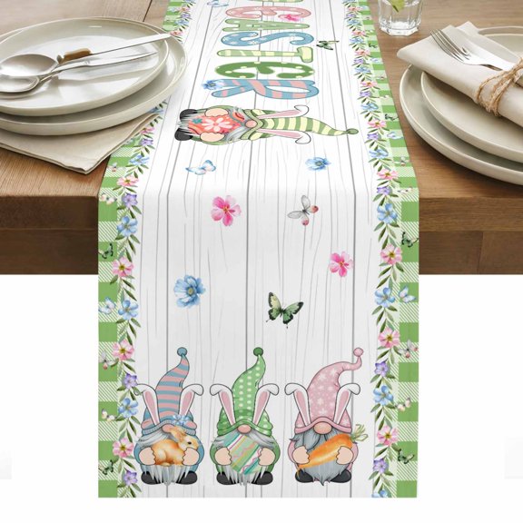 Easter Table Runner - 70 Inch Long, Kitchen Dining Table Runner Dresser Scarves, Gnomes Flowers Bunny Eggs Plaid Wooden Grain Farmhouse Decor for Coffee Tables Wedding Party Banquet