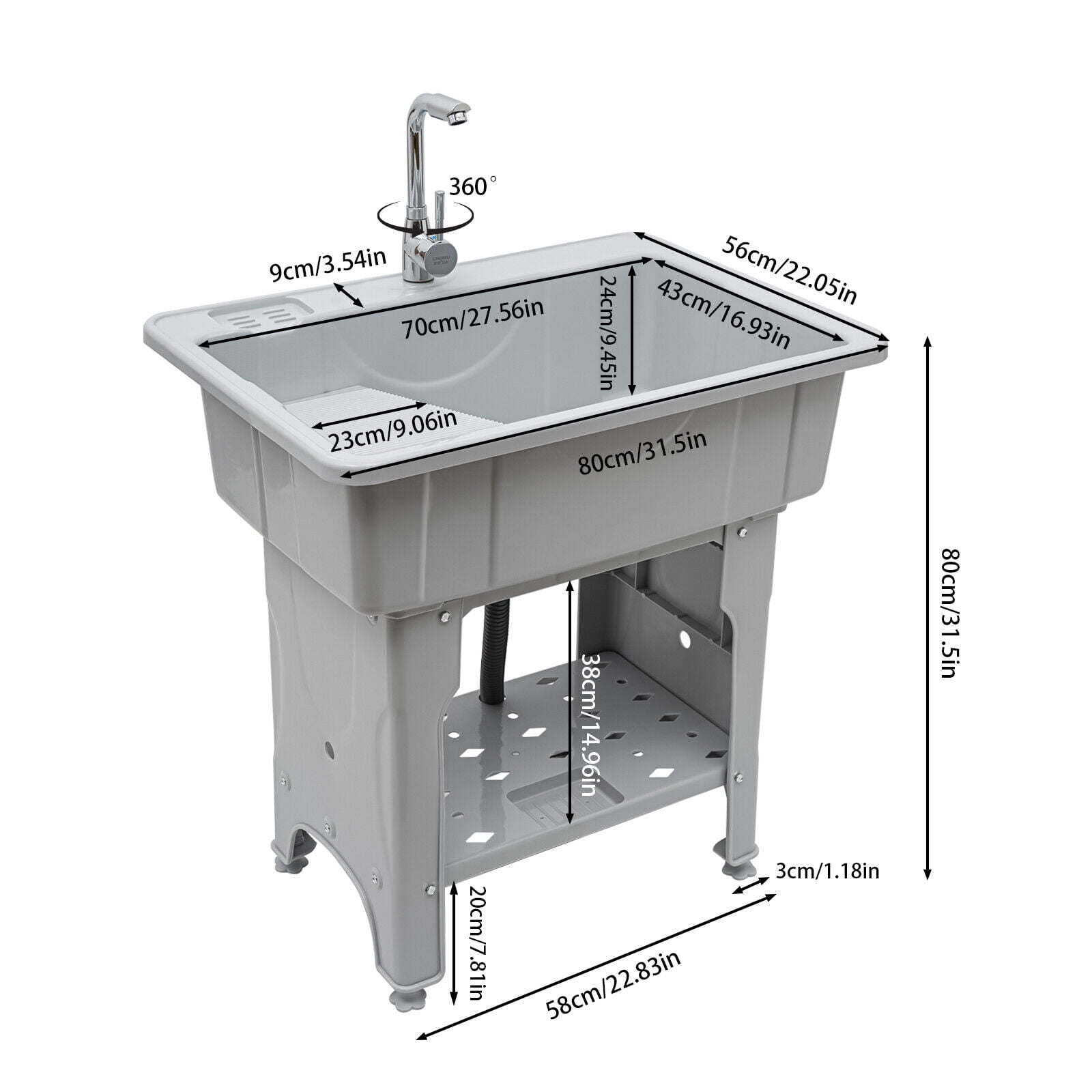 Plastic Laundry Sink with Washboard Utility Sink with Hot Cold Faucet Hoses Drain Kit