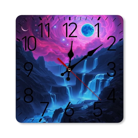 RKSupls 10×10inch Square Silent Wall Clock Wooden Frame, Cosmic Waterfall Blue Scale Decorative Clock for Home Bedroom Living Room Office