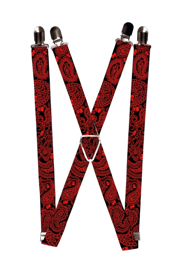 Red Paisley Pattern with Skulls on Black Suspenders