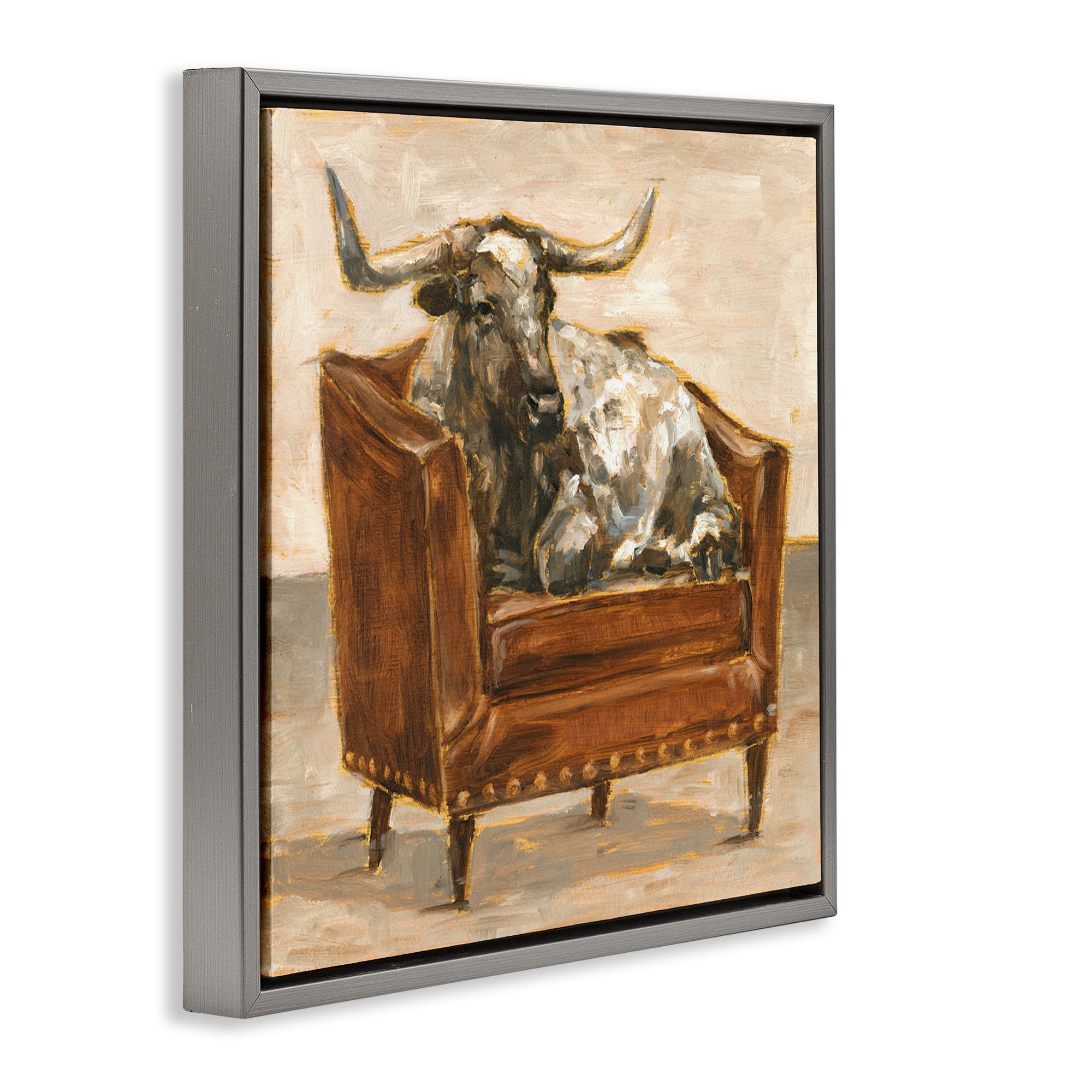 Stupell Industries Brown Bull Resting in Chair Painting Animals & Insects Painting Gray Floater Framed Canvas Art Print Wall Art, 18 x 18