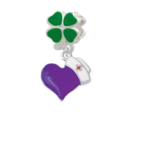 Purple Heart with Nurse Hat - Green Four Leaf Clover Charm Bead