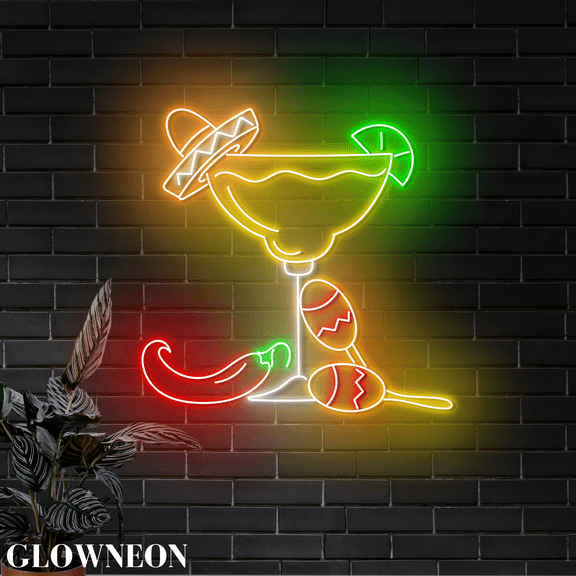 Glowneon Cocktail Margarita Sombrero Led Sign, Mexican Cocktail Decor
