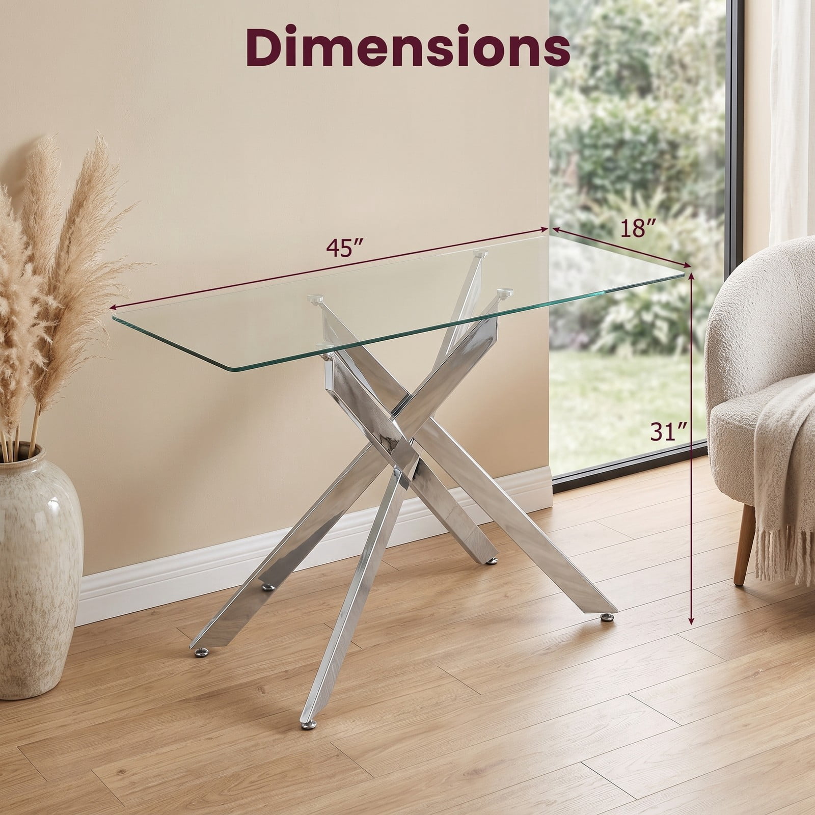Furnibear Glass Console Table with Clear Tempered Glass Top and Chromed Metal X Legs for Entryway and Living Room, Silver