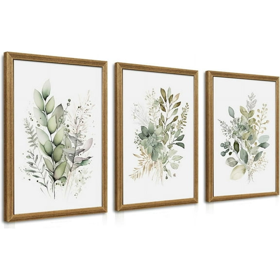 FCCUYE Watercolor Botanical Wall Art Set of 3 Boho Sage Green Wildflower Canvas Wall Art Prints Modern Floral Wall Decor for Bedroom Living Room Bathroom Decorations Wood d 12x16 Inches