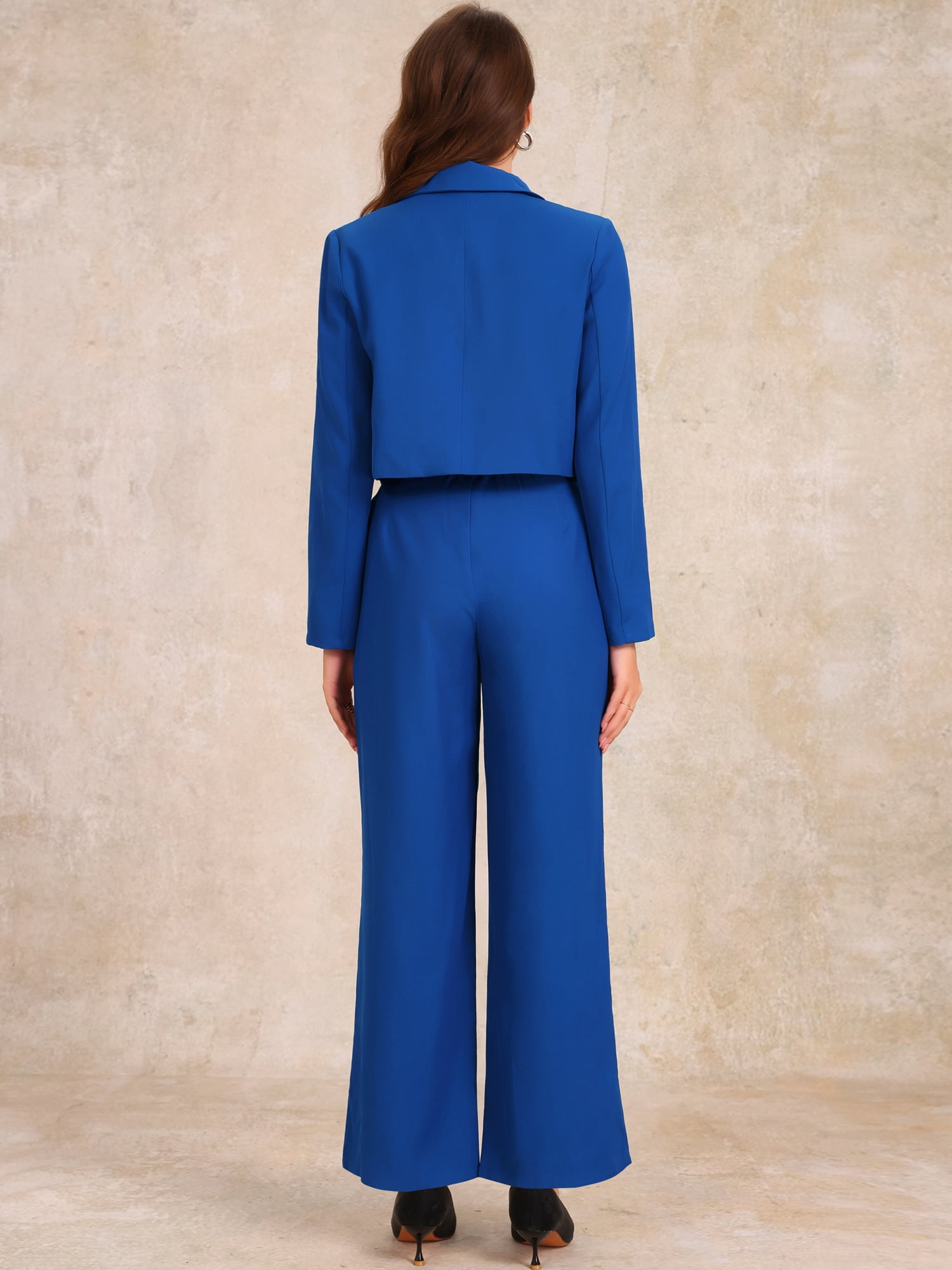 DARING DIVA Women's 2 Pcs Notched Lapel Jacket Wide Leg Pant S Blue