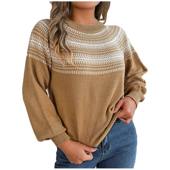 UYISJ Women's Retro Sweater Fair Isle Knitted Tops Casual Loose Crewneck Long Sleeve Lightweight Pullover Sweaters Khaki S