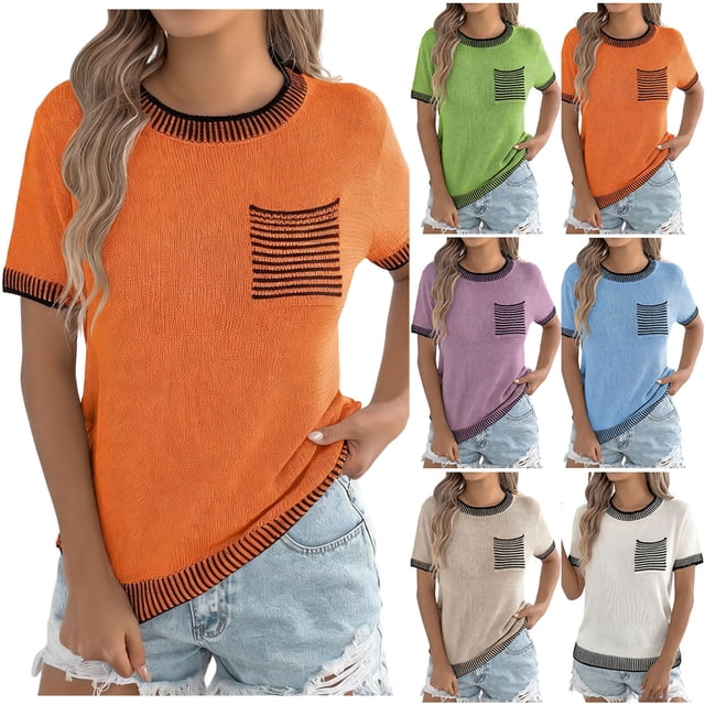 RKSTN T Shirts for Women Oversized Crewneck Short Sleeve Shirts Womens Casual Solid Plus Size Round Neck Loose Fits Comfy Tee Shirt with Chest Pocket Summer Clothes