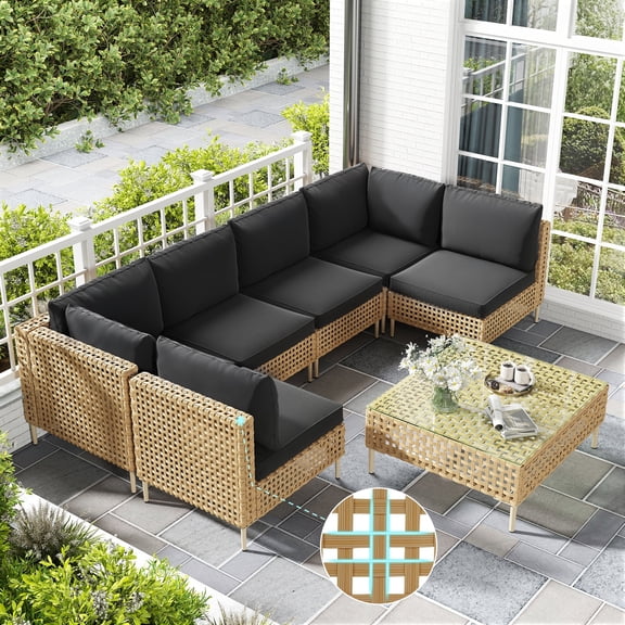 LHBcraft 7-Piece Wicker Patio Furniture Set, Boho Outdoor Conversation Set Sectional Sofa with Water Resistant Thick Cushions and Coffee Table