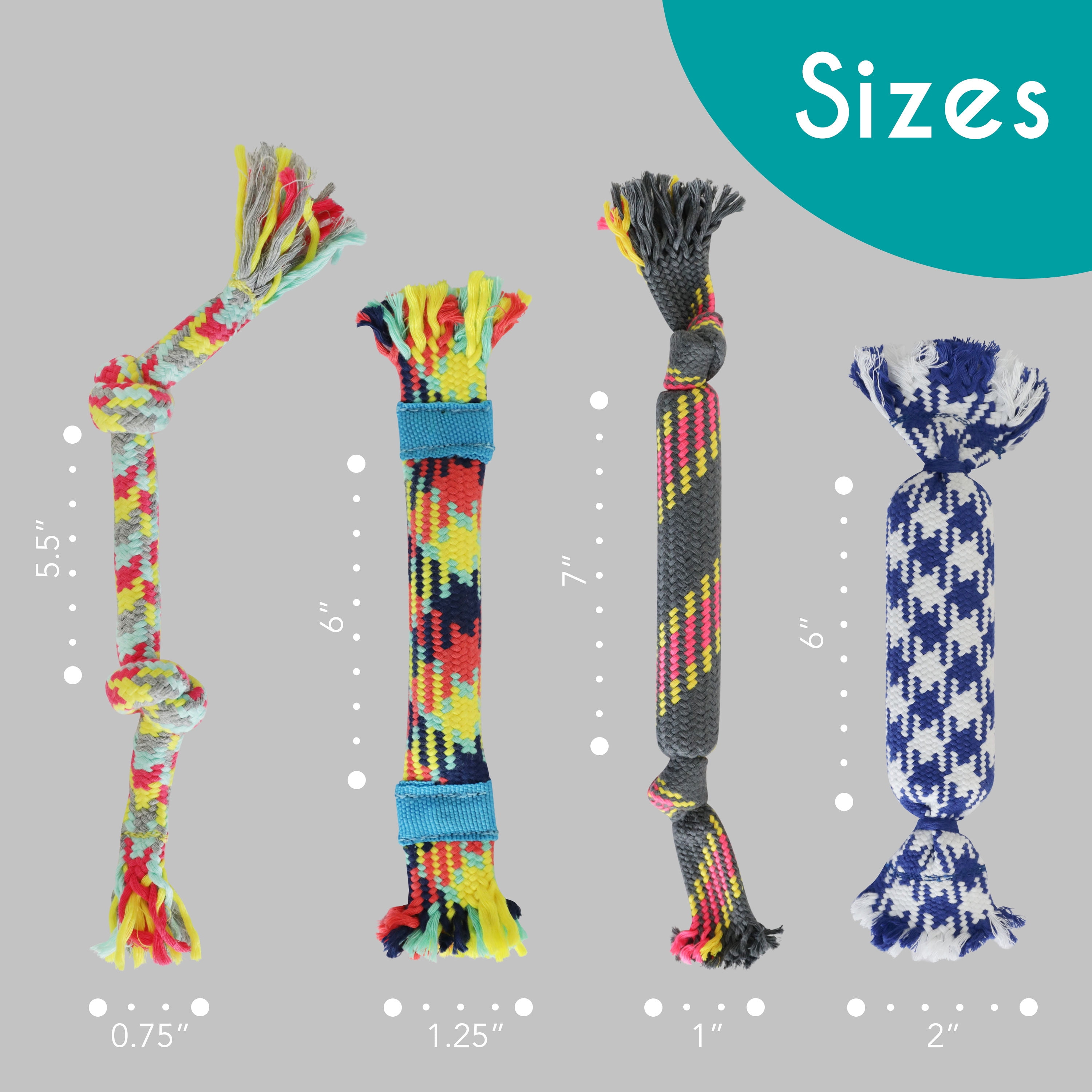 rocket & rex Dog Rope Tug Set for Small Breeds, Includes Ropes with Rubber Interiors, a Squeaker & Crackle Lining, Reduces Destructive Chewing & Anxiety (Pack of 4)