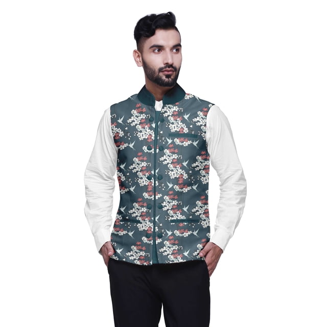 Atasi Bird Printed Wedding Jackets For Men Nehru Jacket Waist Coat For Wedding & Festive Season-Medium