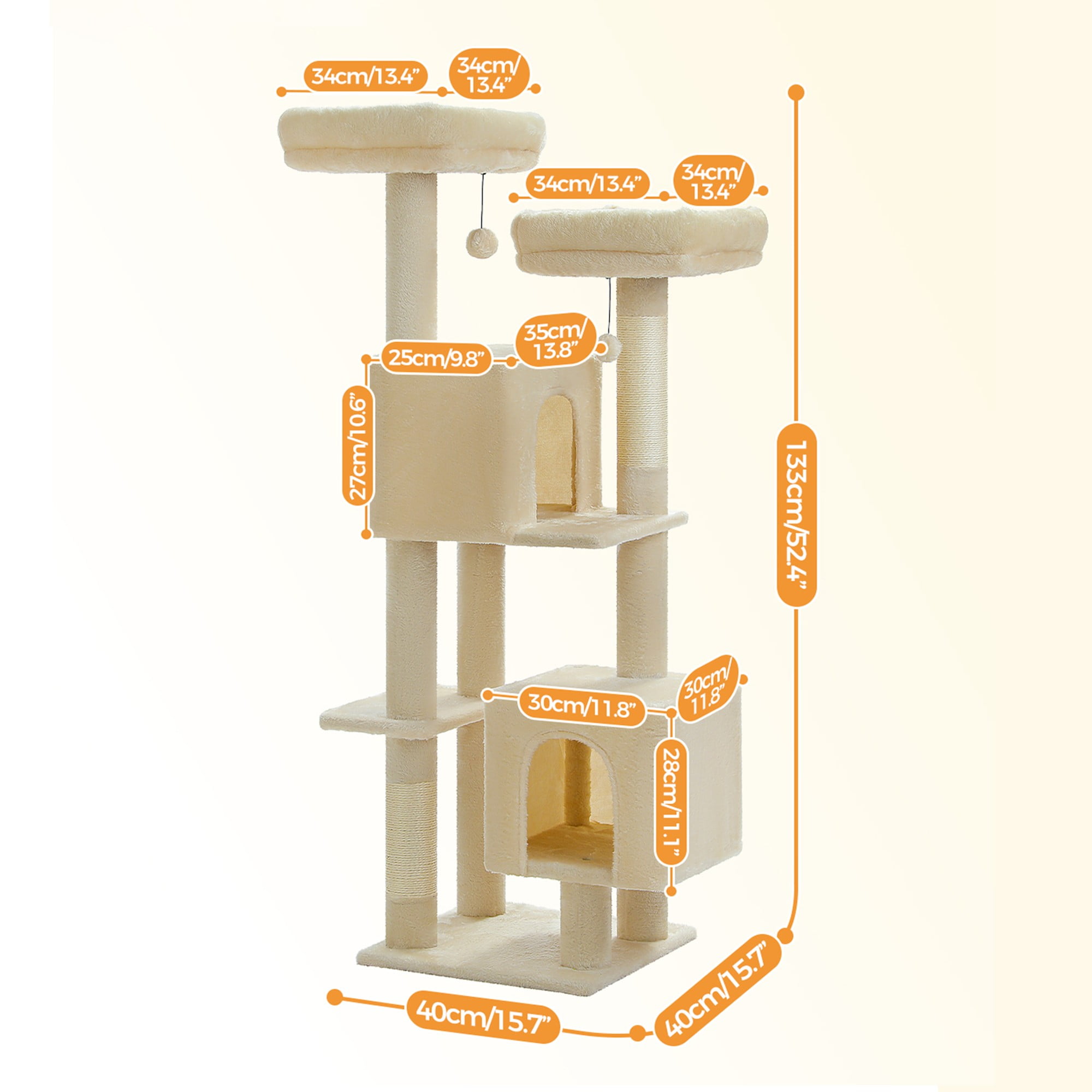 Kadyn 52" Multilevel Cat Tree Tower for Indoor Cats, Plush Cat Tree House with 2 Padded Perches, 2 Condos and 2 Scratching Posts, Beige