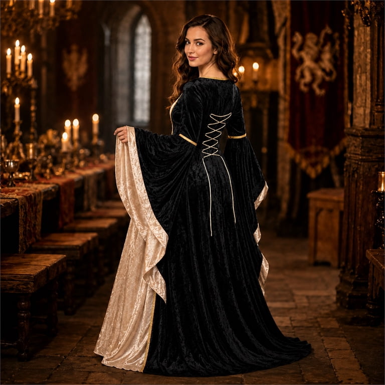 Women's Renaissance Dress, Medieval Costume Gown with Bell Sleeves, Lace Up Retro Royal Noble Outfit for Renaissance Faire Halloween Cosplay,Black,S