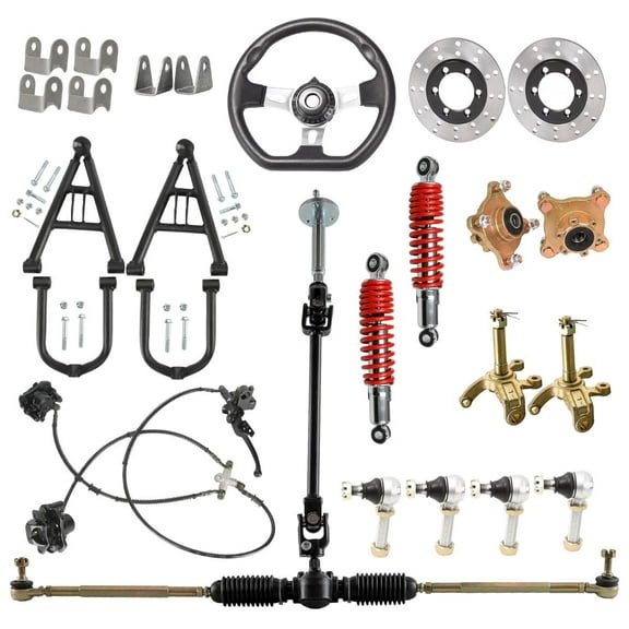 270mm Steering Wheel Steering Kit Gear Rack Pinion Shaft Set   Front Shock Swingarm   4 Stud Wheel Hub Steering Spindles   Brake Assembly DIY Parts for Go Kart Golf Cart ATV UTV Buggy