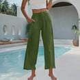 thumbnail image 4 of SELONE Green Womens Wide Leg Trousers Plus Size Lounge Pants with Pockets Cotton Linen Wide Leg Elastic Waist Full Length Trouser Loose Beach Pants Drawstring Solid S Tall Breathable Summer Clothes, 4 of 7